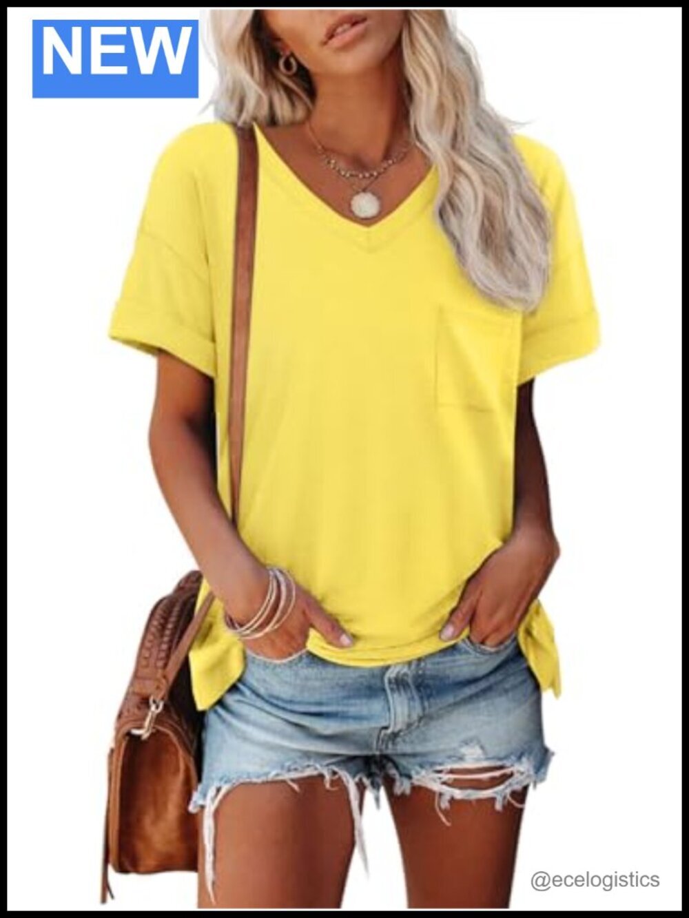 Womens V-Neck Short Sleeve T-Shirt with Pocket Roll Sleeve Trendy Blouse